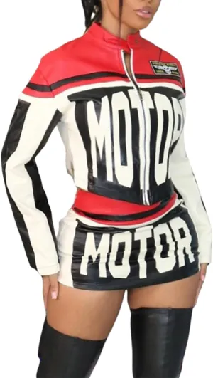 Molilove Women's 2 Piece Outfits Zipper Jacket High Waist Bodycon Mini Skirt Set Motorcycle Varsity Jacket Coat Streetwear