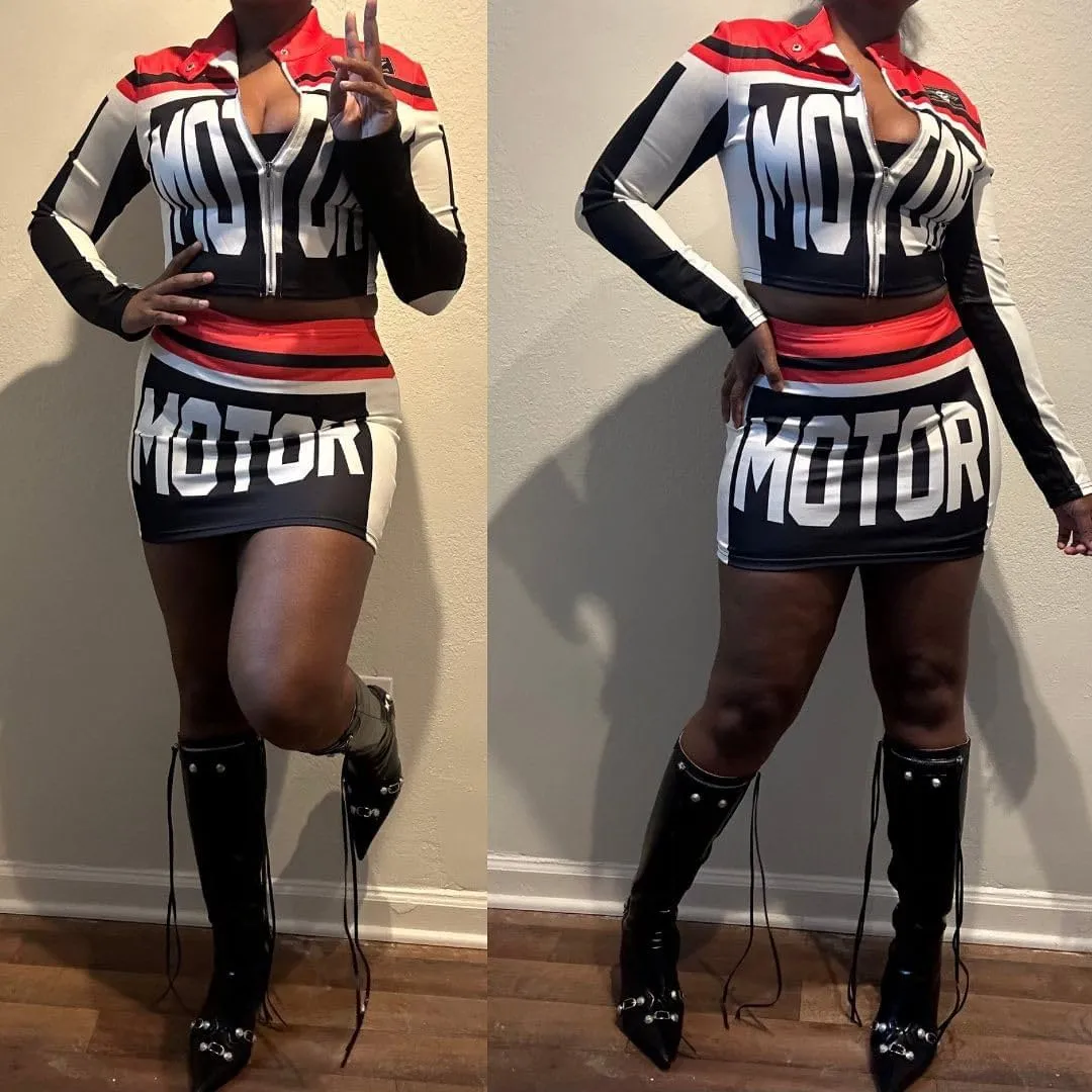 Molilove Women's 2 Piece Outfits Zipper Jacket High Waist Bodycon Mini Skirt Set Motorcycle Varsity Jacket Coat Streetwear
