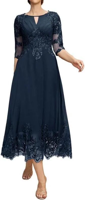 Mother of The Bride Dresses Lace 3/4 Sleeve Evening Dress Tea Length Chiffon Wedding Guest Dresses for Women