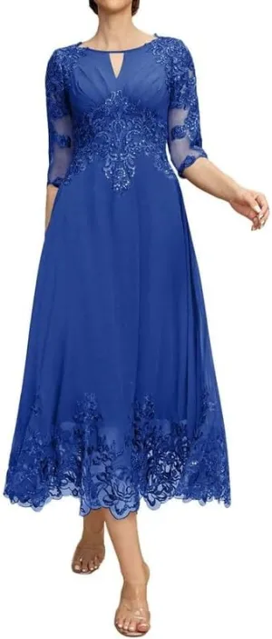 Mother of The Bride Dresses Lace 3/4 Sleeve Evening Dress Tea Length Chiffon Wedding Guest Dresses for Women
