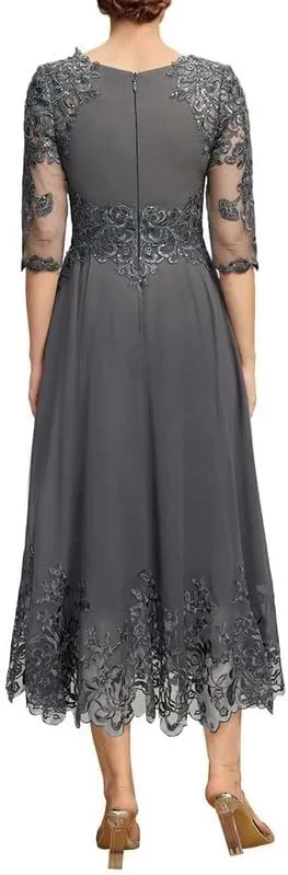 Mother of The Bride Dresses Lace 3/4 Sleeve Evening Dress Tea Length Chiffon Wedding Guest Dresses for Women