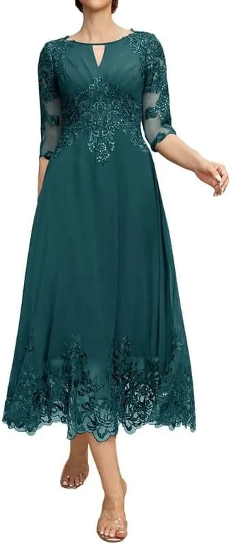 Mother of The Bride Dresses Lace 3/4 Sleeve Evening Dress Tea Length Chiffon Wedding Guest Dresses for Women