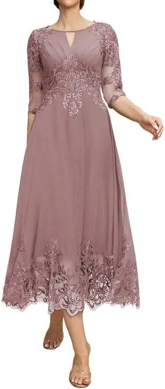 Mother of The Bride Dresses Lace 3/4 Sleeve Evening Dress Tea Length Chiffon Wedding Guest Dresses for Women