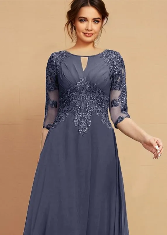 Mother of The Bride Dresses Lace 3/4 Sleeve Evening Dress Tea Length Chiffon Wedding Guest Dresses for Women