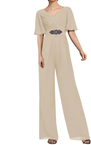 Mother of The Bride Dresses Pants Suits for Wedding Chiffon Long Formal Evening Dress V-Neck Women's Jumpsuits