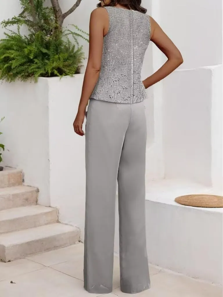 Mother of The Bride Pant Suit for Wedding 3Pcs Lace Evening Outfit with Jacket Long Chiffon Formal Gowns