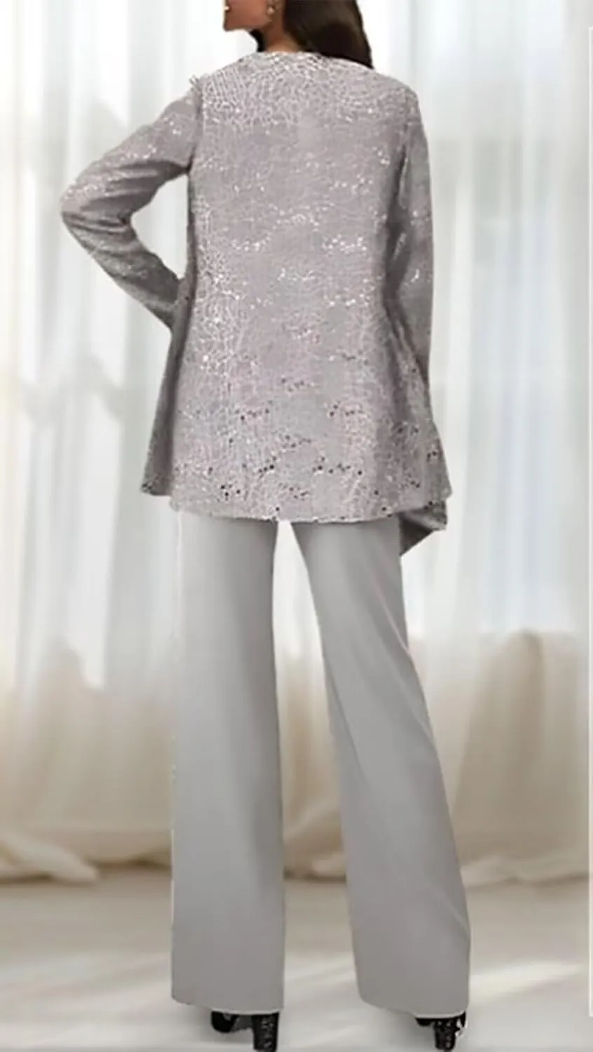 Mother of The Bride Pant Suit for Wedding 3Pcs Lace Evening Outfit with Jacket Long Chiffon Formal Gowns