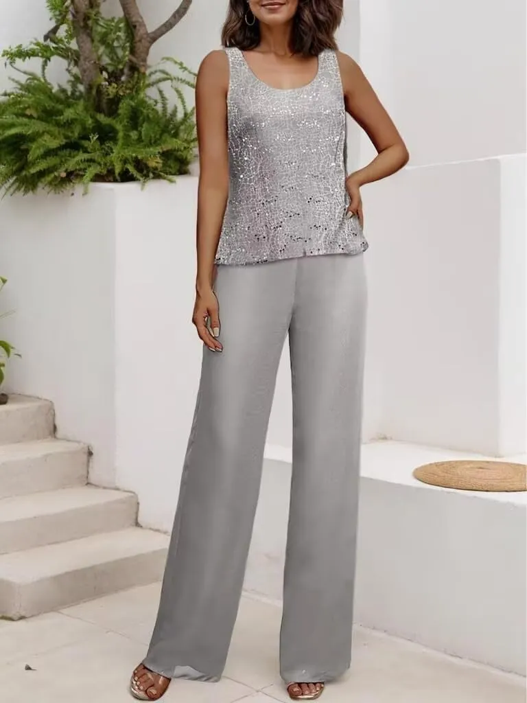Mother of The Bride Pant Suit for Wedding 3Pcs Lace Evening Outfit with Jacket Long Chiffon Formal Gowns