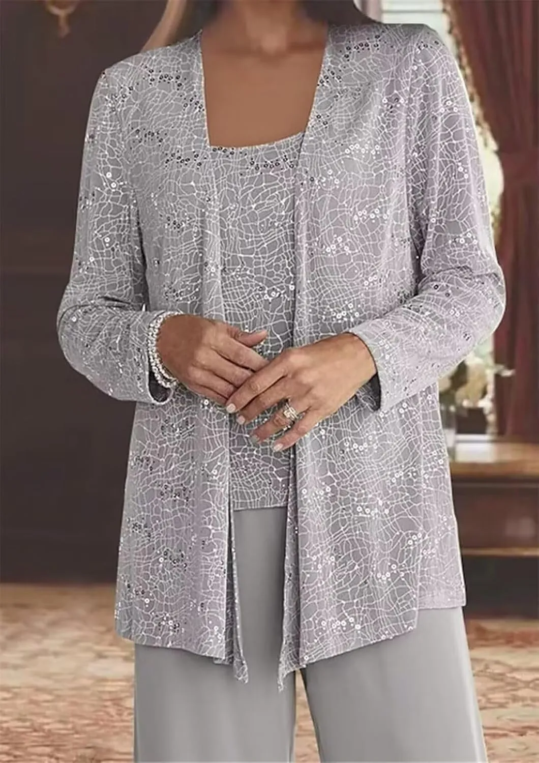 Mother of The Bride Pant Suit for Wedding 3Pcs Lace Evening Outfit with Jacket Long Chiffon Formal Gowns