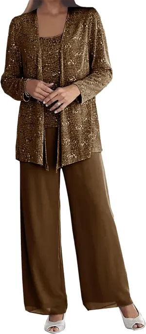 Mother of The Bride Pant Suit for Wedding 3Pcs Lace Evening Outfit with Jacket Long Chiffon Formal Gowns