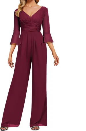 Mother of The Bride Pants Suits Dresses for Wedding Chiffon Long Formal Evening Gowns V-Neck Women's Jumpsuits