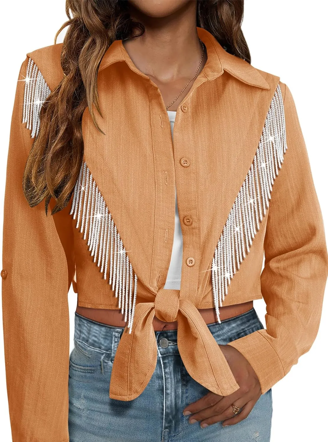 MYMORE Womens Rhinestone Fringe Cropped Button Down Shirt Rolled 3/4 Sleeve Tie Front Top Western Cowgirl Rodeo Outfit