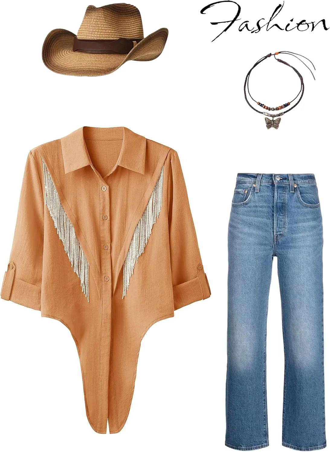 MYMORE Womens Rhinestone Fringe Cropped Button Down Shirt Rolled 3/4 Sleeve Tie Front Top Western Cowgirl Rodeo Outfit