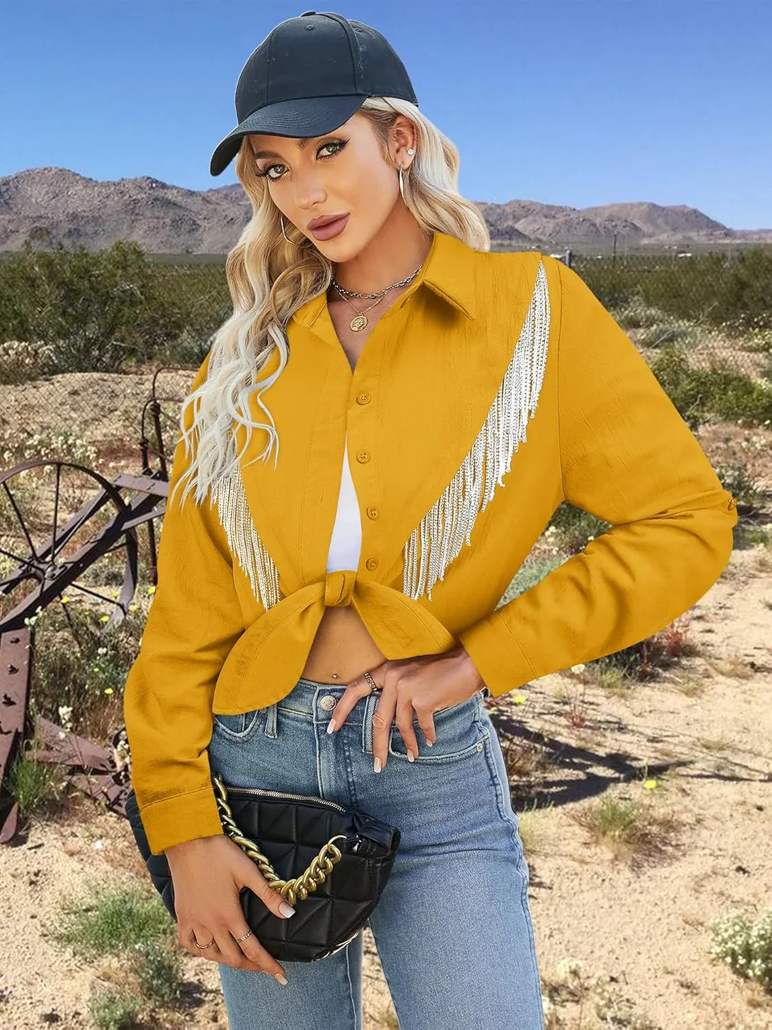 MYMORE Womens Rhinestone Fringe Cropped Button Down Shirt Rolled 3/4 Sleeve Tie Front Top Western Cowgirl Rodeo Outfit