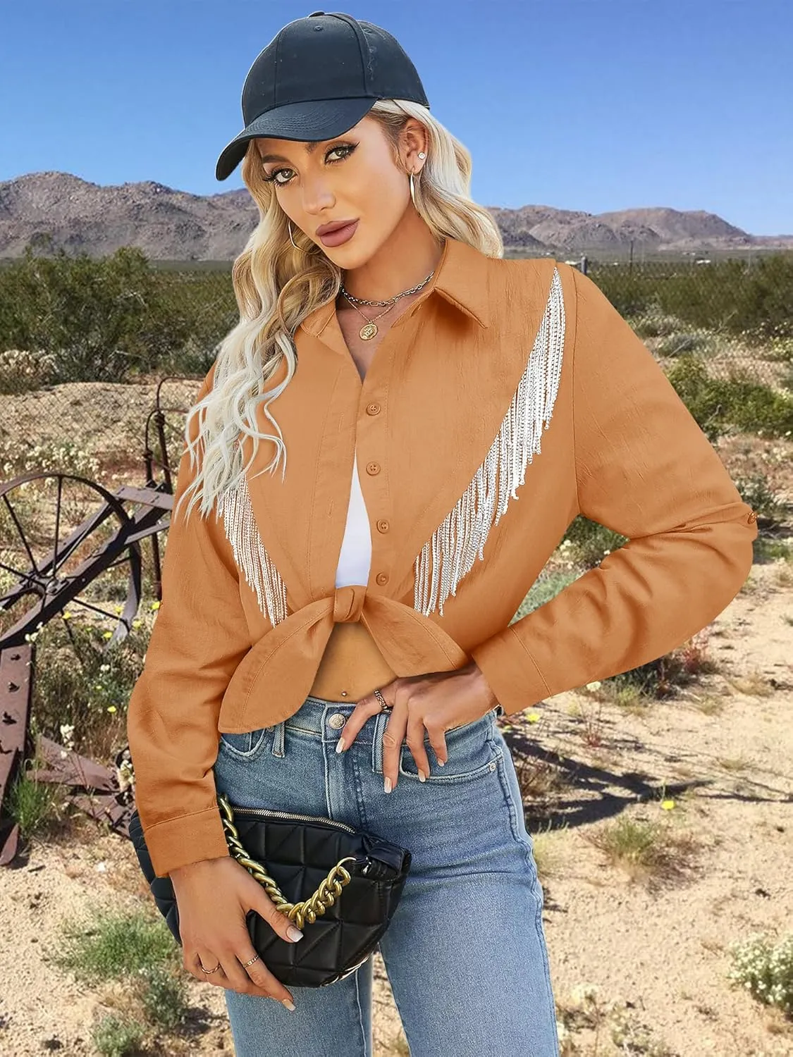 MYMORE Womens Rhinestone Fringe Cropped Button Down Shirt Rolled 3/4 Sleeve Tie Front Top Western Cowgirl Rodeo Outfit