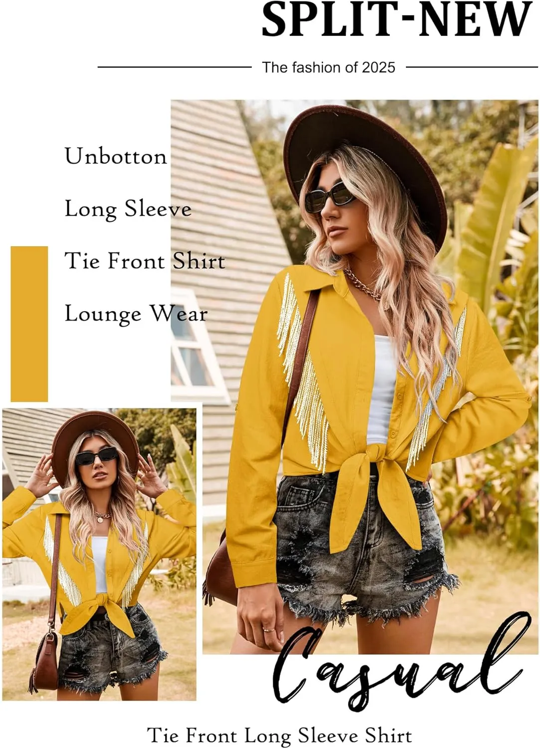 MYMORE Womens Rhinestone Fringe Cropped Button Down Shirt Rolled 3/4 Sleeve Tie Front Top Western Cowgirl Rodeo Outfit
