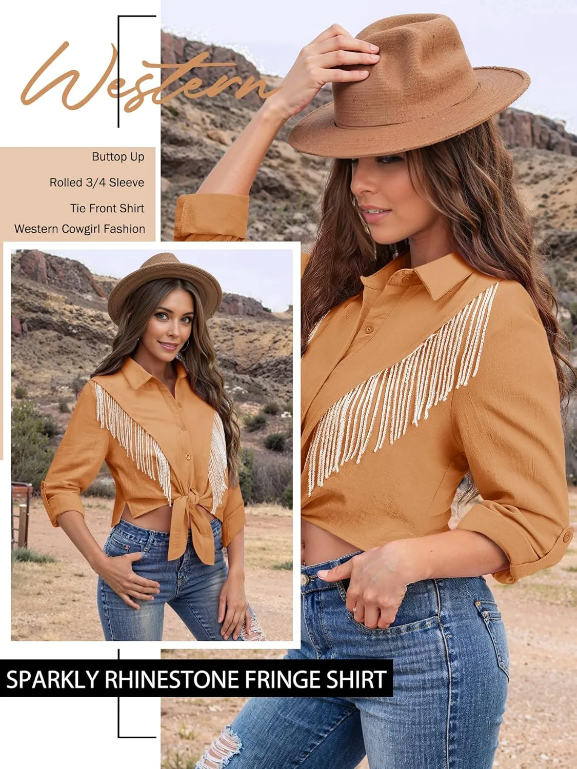 MYMORE Womens Rhinestone Fringe Cropped Button Down Shirt Rolled 3/4 Sleeve Tie Front Top Western Cowgirl Rodeo Outfit