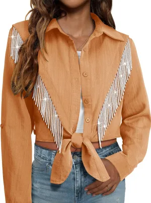MYMORE Womens Rhinestone Fringe Cropped Button Down Shirt Rolled 3/4 Sleeve Tie Front Top Western Cowgirl Rodeo Outfit