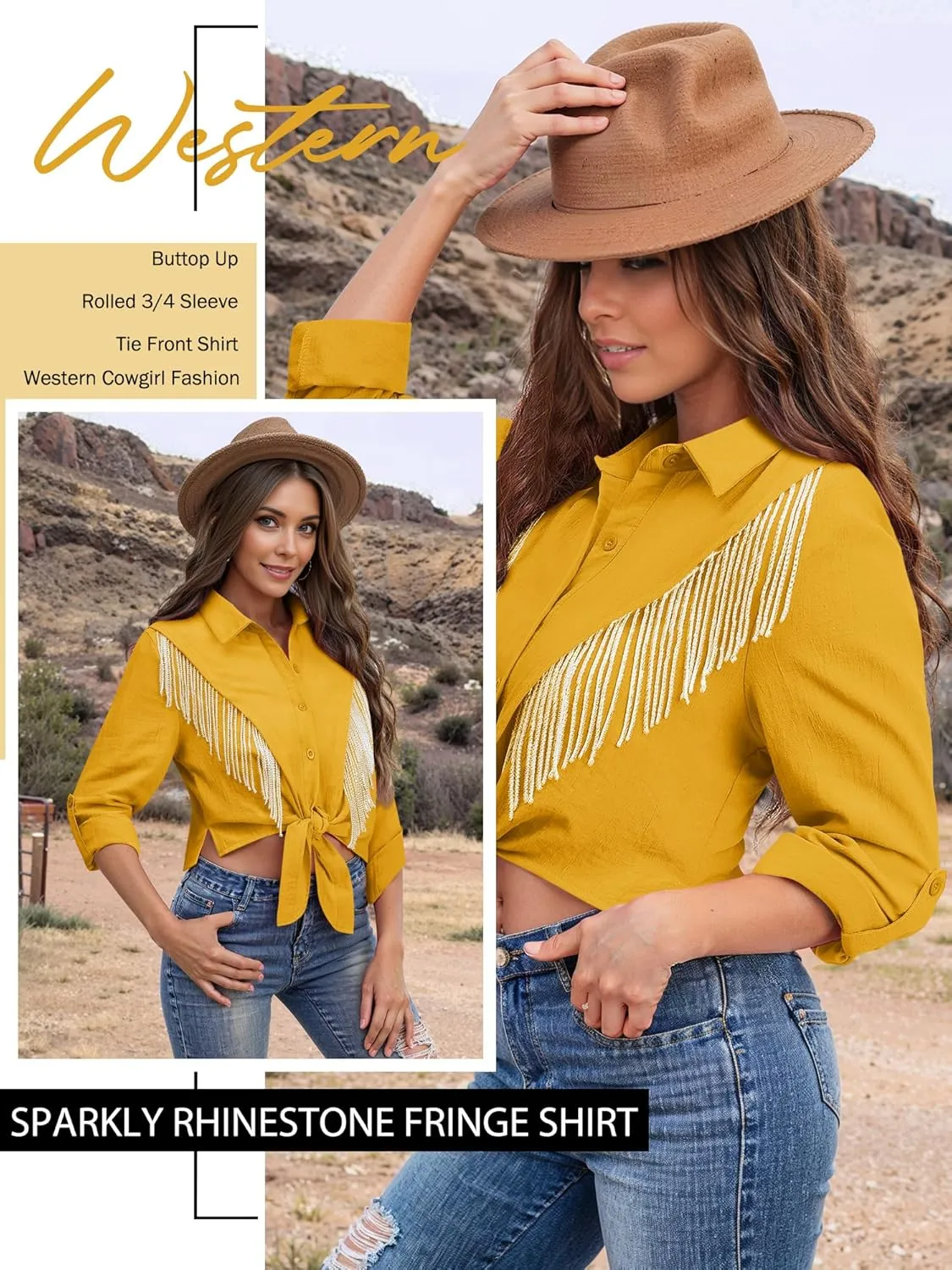 MYMORE Womens Rhinestone Fringe Cropped Button Down Shirt Rolled 3/4 Sleeve Tie Front Top Western Cowgirl Rodeo Outfit