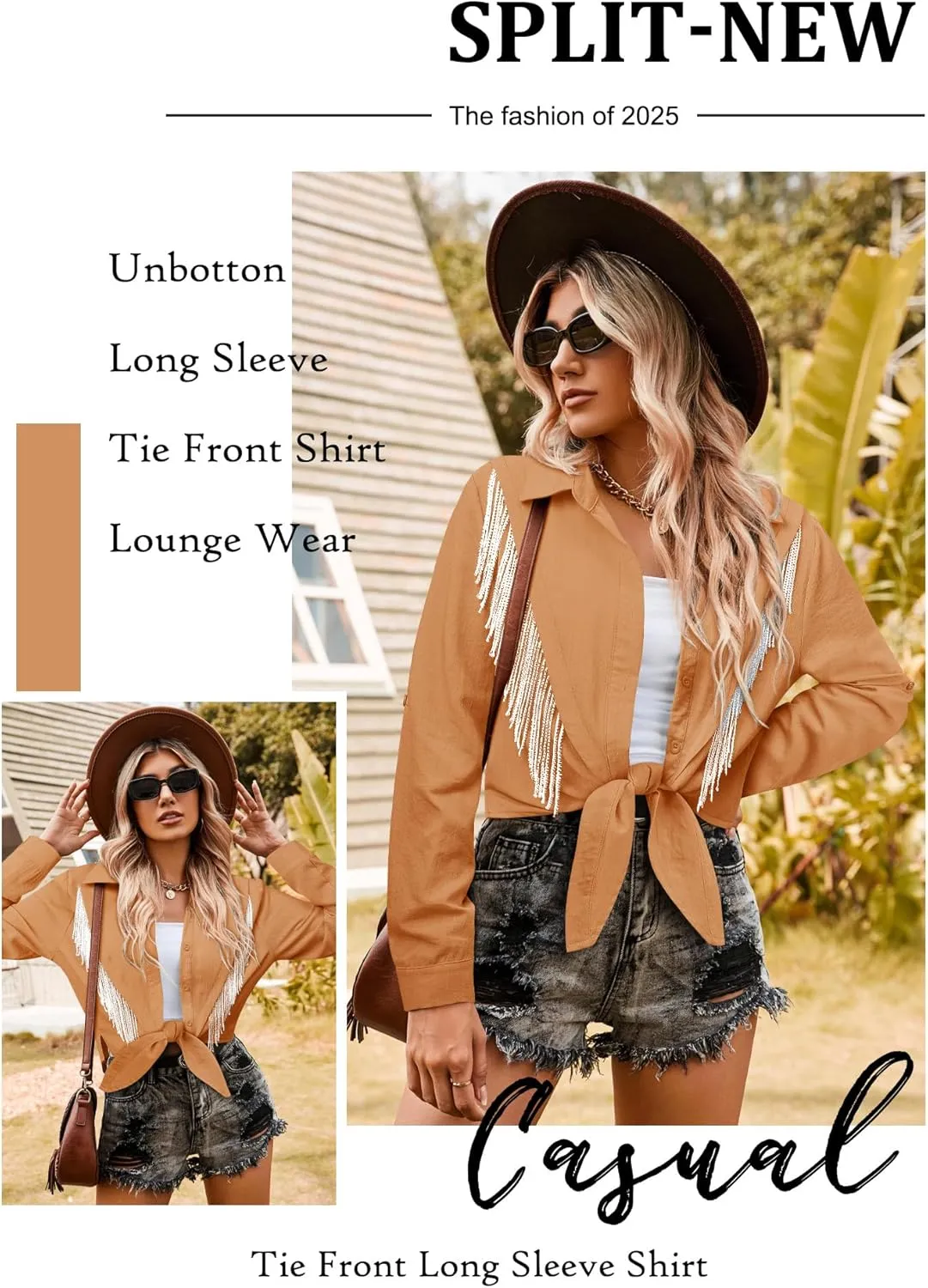 MYMORE Womens Rhinestone Fringe Cropped Button Down Shirt Rolled 3/4 Sleeve Tie Front Top Western Cowgirl Rodeo Outfit