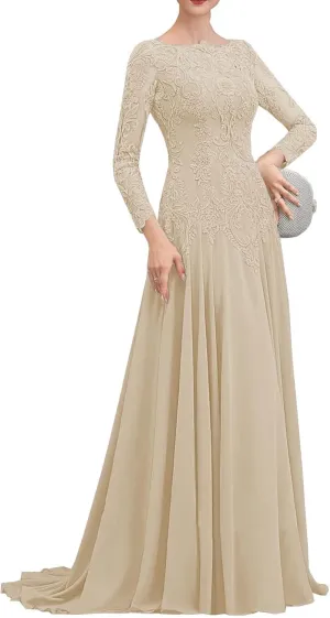 NABN Women's Long Sleeves Mother of The Bride Dresses Lace Chiffon Formal Evening Party Gown