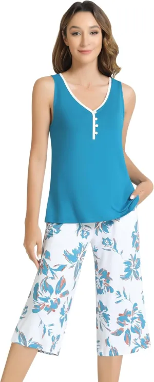 NACHILA Women's Pajamas Set-Viscose Made from Bamboo,Tank Top with Capri Pants Pajamas Sleeveless Sleepwear Cool Pjs