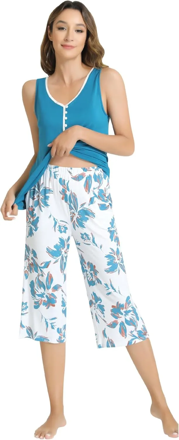 NACHILA Women's Pajamas Set-Viscose Made from Bamboo,Tank Top with Capri Pants Pajamas Sleeveless Sleepwear Cool Pjs