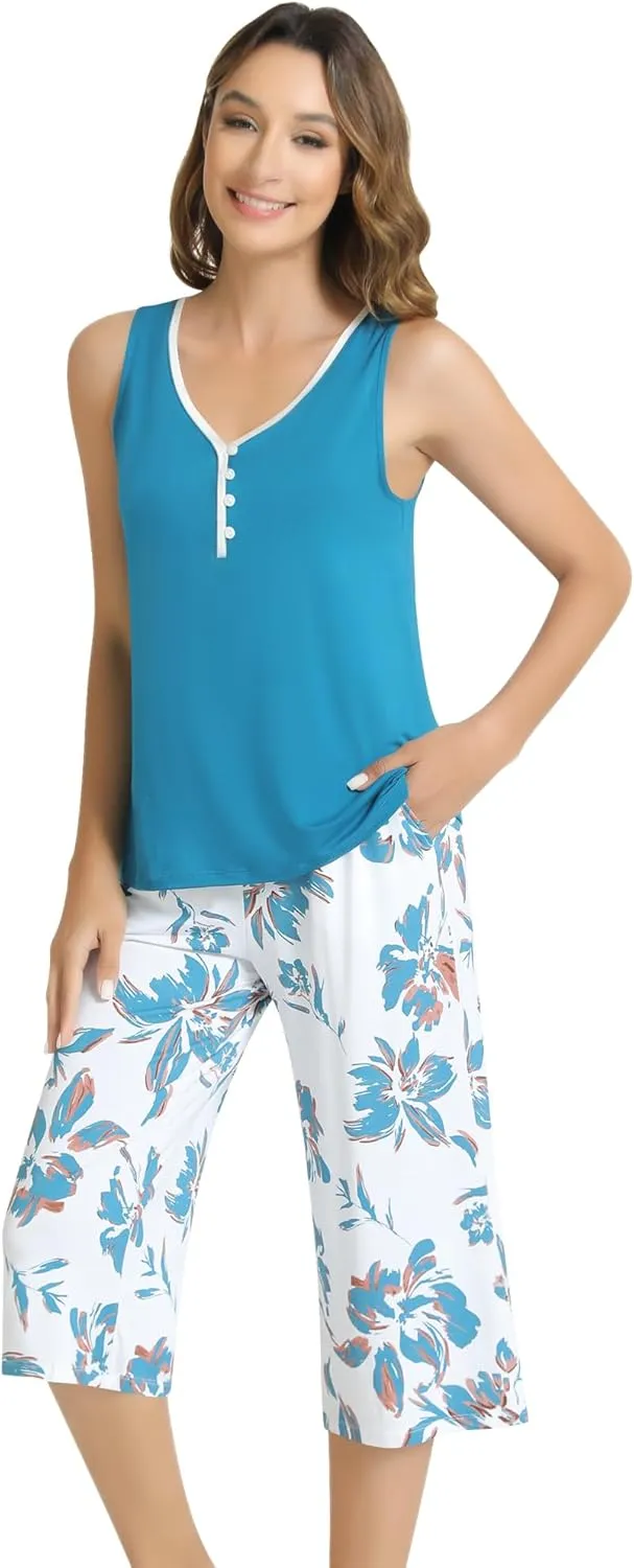 NACHILA Women's Pajamas Set-Viscose Made from Bamboo,Tank Top with Capri Pants Pajamas Sleeveless Sleepwear Cool Pjs