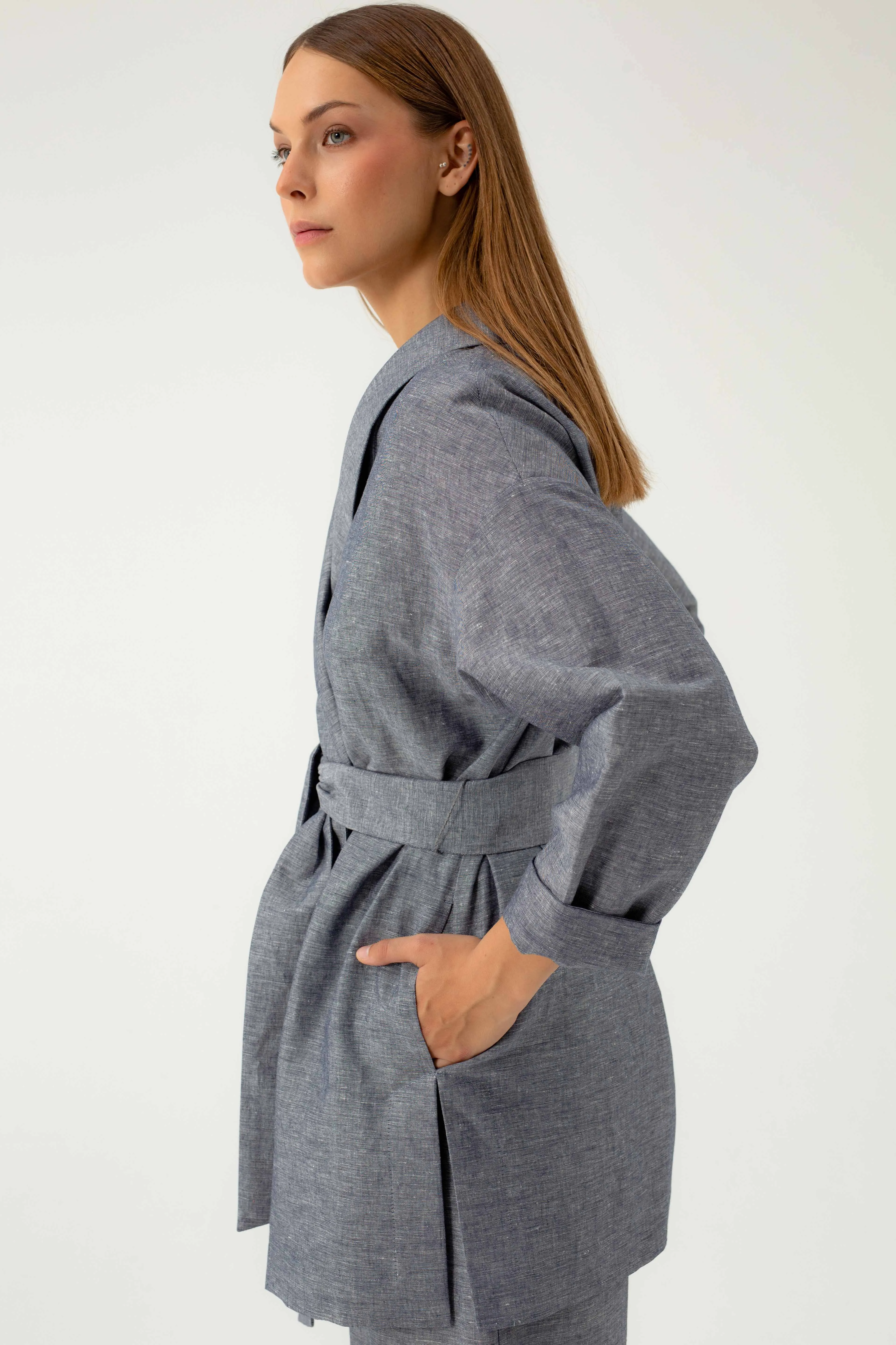NAVY MELANGE OVERSIZED JACKET WITH LINEN