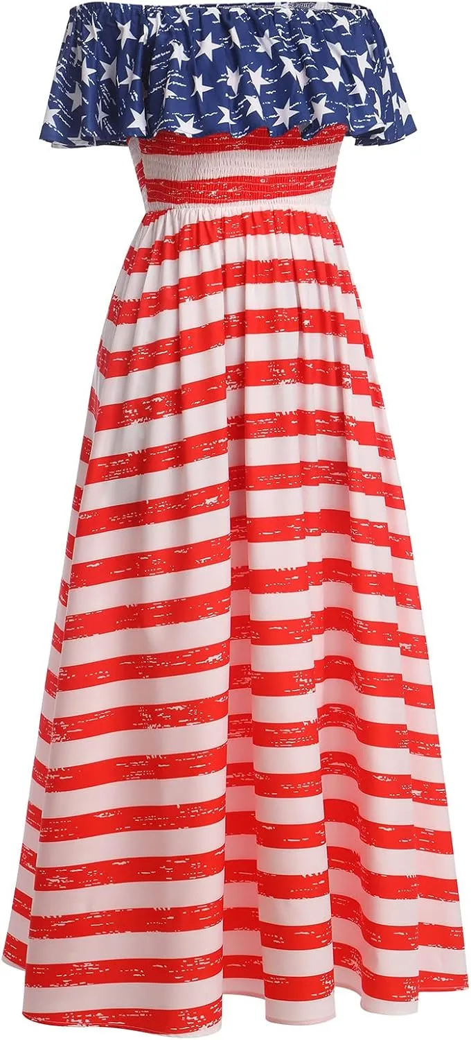 ODASDO Mexican Dresses for Women Traditional Fiesta Off Shoulder Collect Waist Maxi Dress Summer Casual Party Beach Dress