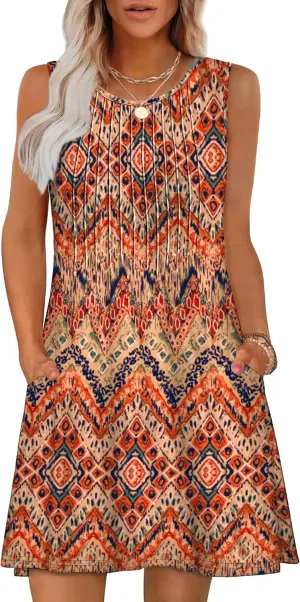 OFEEFAN Summer Dresses for Women 2025 Loose Beach Vacation Casual Crew Neck Sleeveless Sundresses with Pockets Tank Dress