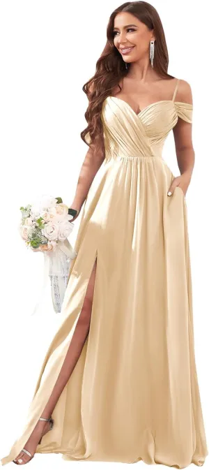 Off The Shoulder Bridesmaid Dresses for Women with Slit Pockets Ruched Chiffon Long Formal Evening Gown