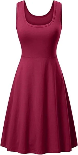OMZIN Women's Sleeveless Midi Dress Casual Flared Tank Dress Solid Color Cotton Skater Swing Dresses