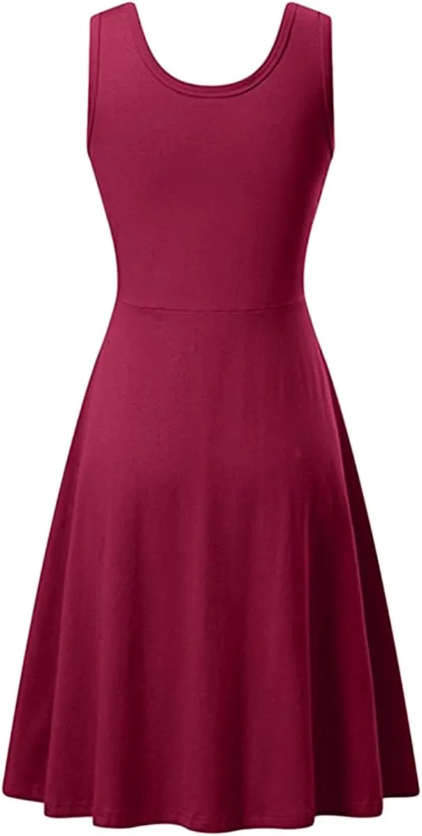 OMZIN Women's Sleeveless Midi Dress Casual Flared Tank Dress Solid Color Cotton Skater Swing Dresses