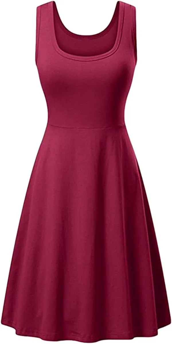 OMZIN Women's Sleeveless Midi Dress Casual Flared Tank Dress Solid Color Cotton Skater Swing Dresses