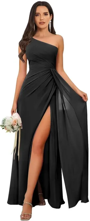 One Shoulder Bridesmaid Dresses for Women Long Pleated Chiffon Formal Evening Dresses with Slit