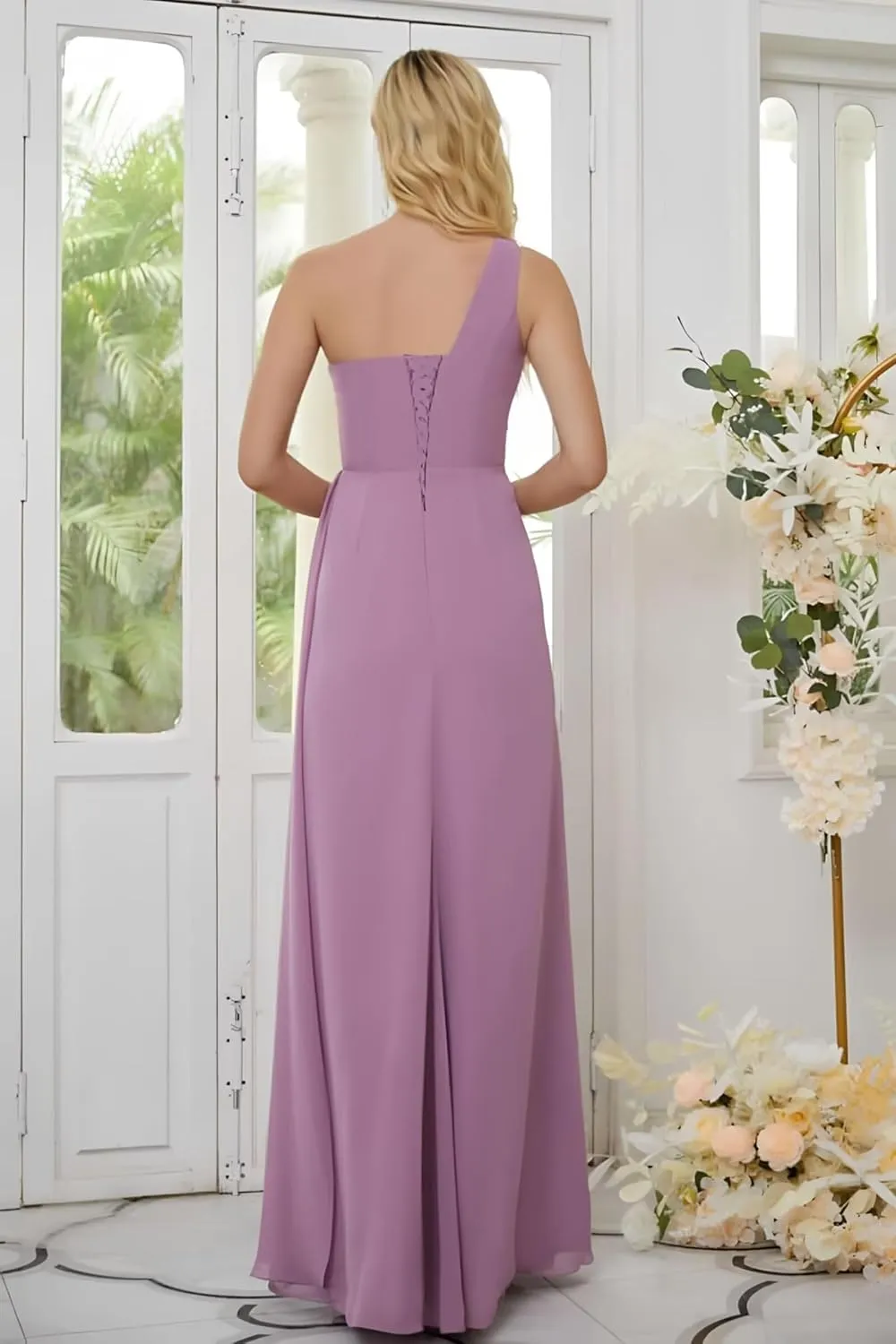 One Shoulder Bridesmaid Dresses for Women Long Pleated Chiffon Formal Evening Dresses with Slit