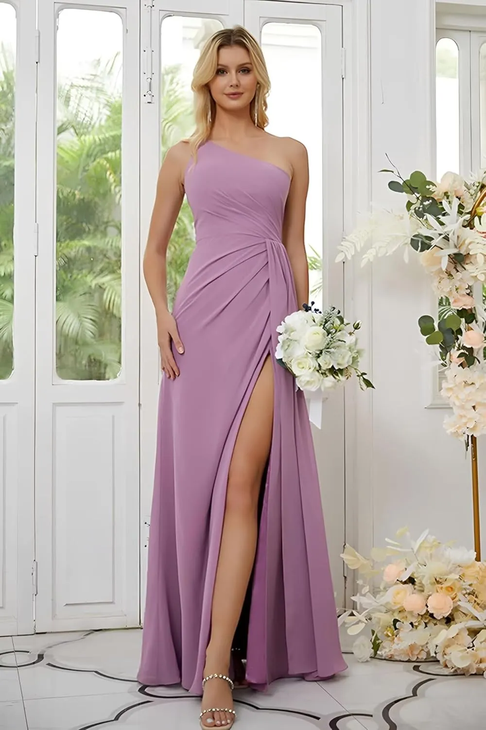 One Shoulder Bridesmaid Dresses for Women Long Pleated Chiffon Formal Evening Dresses with Slit