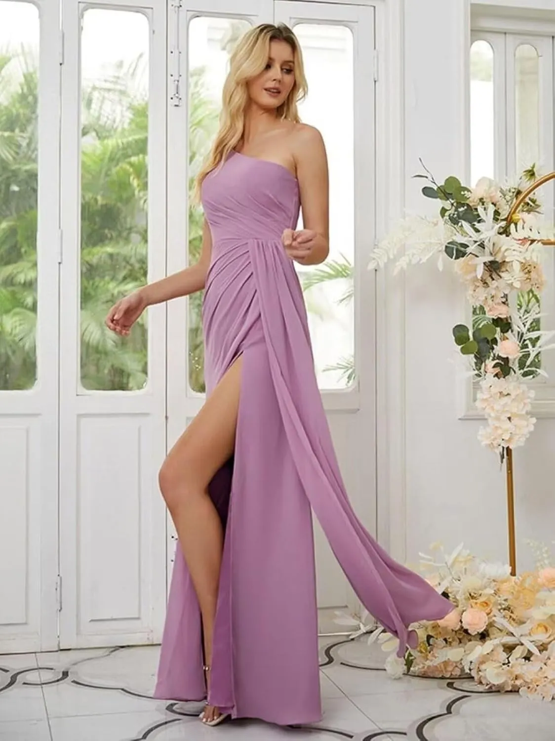 One Shoulder Bridesmaid Dresses for Women Long Pleated Chiffon Formal Evening Dresses with Slit