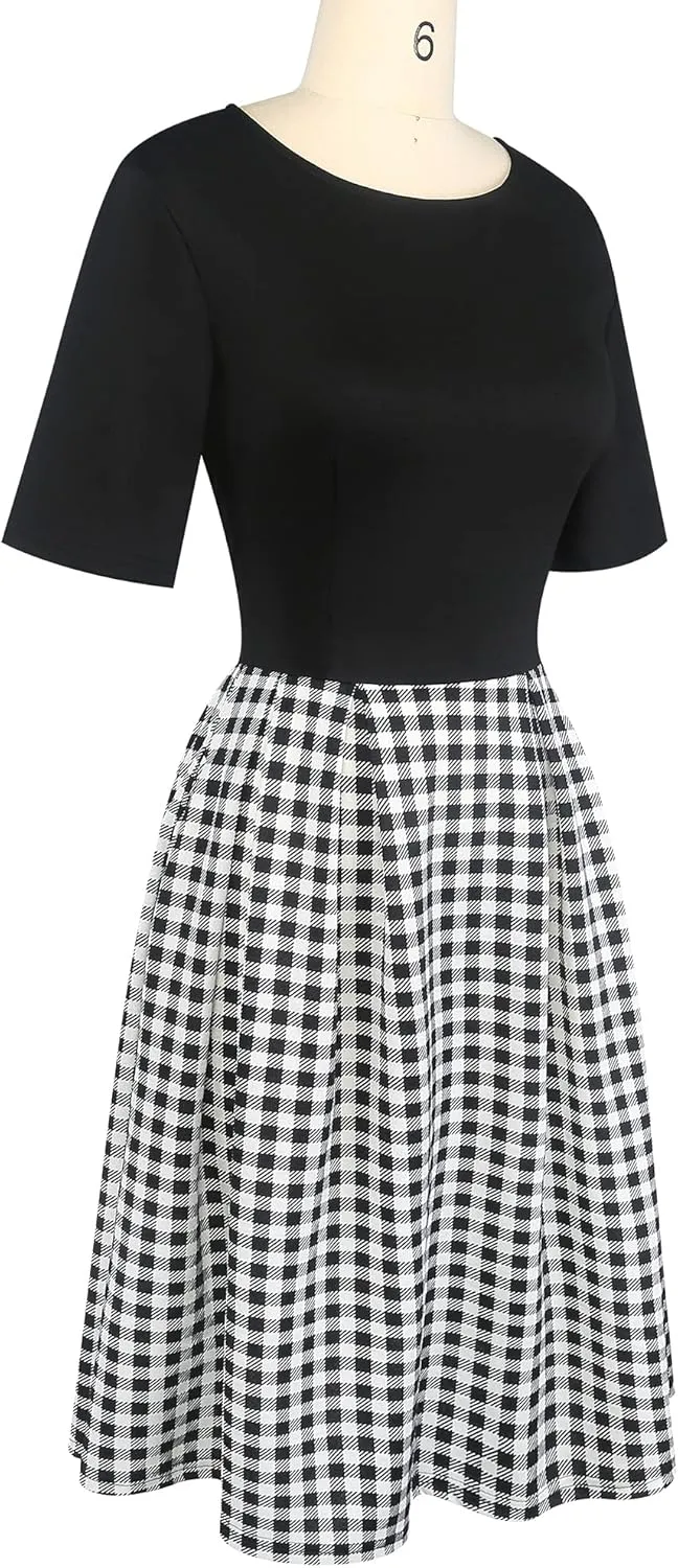 oxiuly Women's Vintage Patchwork Pockets Puffy Swing Casual Party Dress OX165