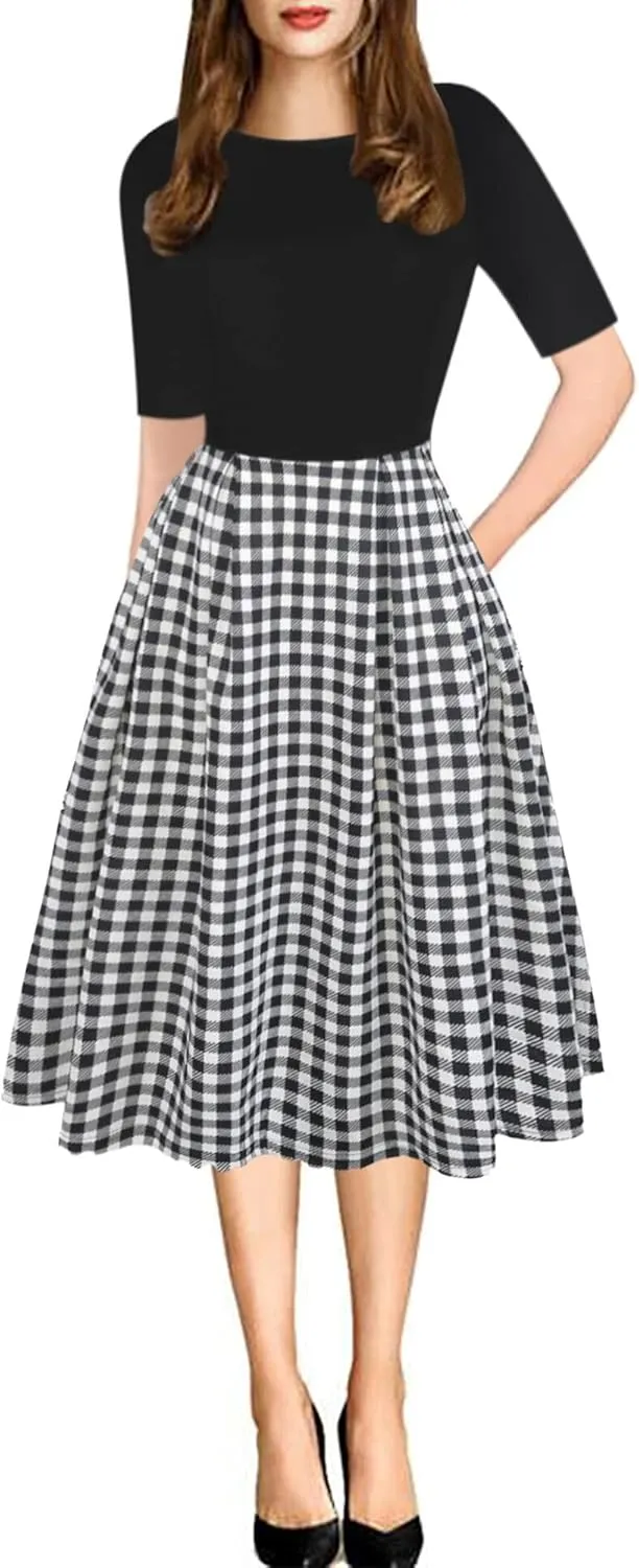 oxiuly Women's Vintage Patchwork Pockets Puffy Swing Casual Party Dress OX165