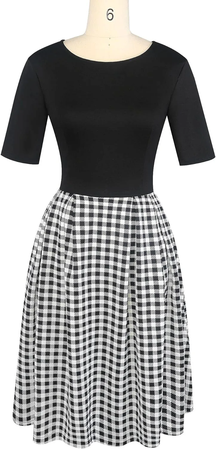 oxiuly Women's Vintage Patchwork Pockets Puffy Swing Casual Party Dress OX165