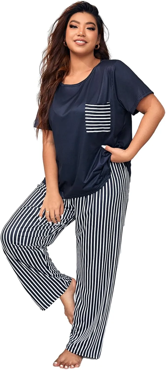 OYOANGLE Women's Plus Size 2 Piece Pajama Set Sleep Set Short Sleeve Tee Shirt and Pants Set Loungewear
