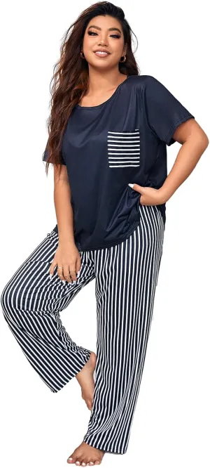 OYOANGLE Women's Plus Size 2 Piece Pajama Set Sleep Set Short Sleeve Tee Shirt and Pants Set Loungewear