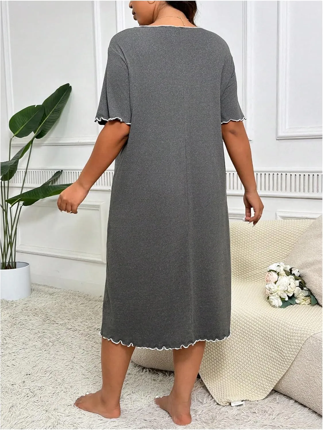 OYOANGLE Women's Plus Size Bow Midi Nightgowns Lettuce Trim V Neck Short Sleeve Nightdress Loose Pajama Dresses