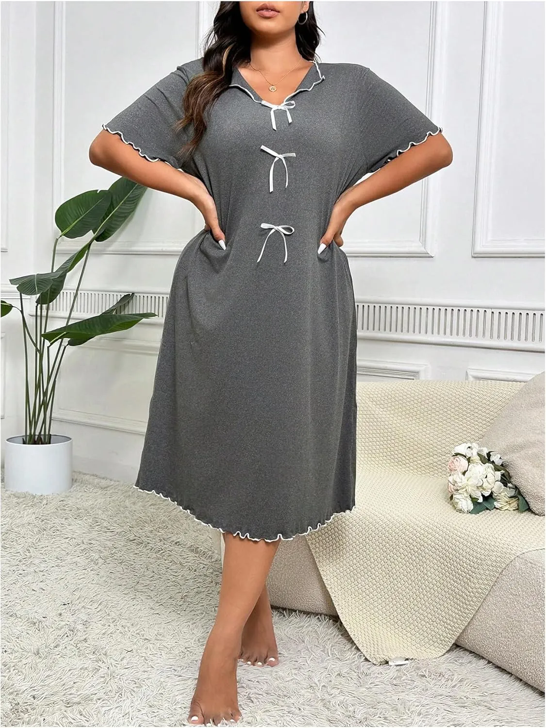 OYOANGLE Women's Plus Size Bow Midi Nightgowns Lettuce Trim V Neck Short Sleeve Nightdress Loose Pajama Dresses