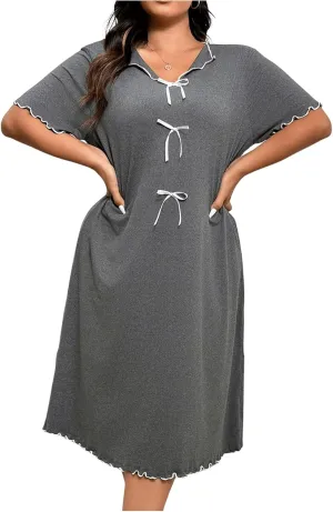 OYOANGLE Women's Plus Size Bow Midi Nightgowns Lettuce Trim V Neck Short Sleeve Nightdress Loose Pajama Dresses