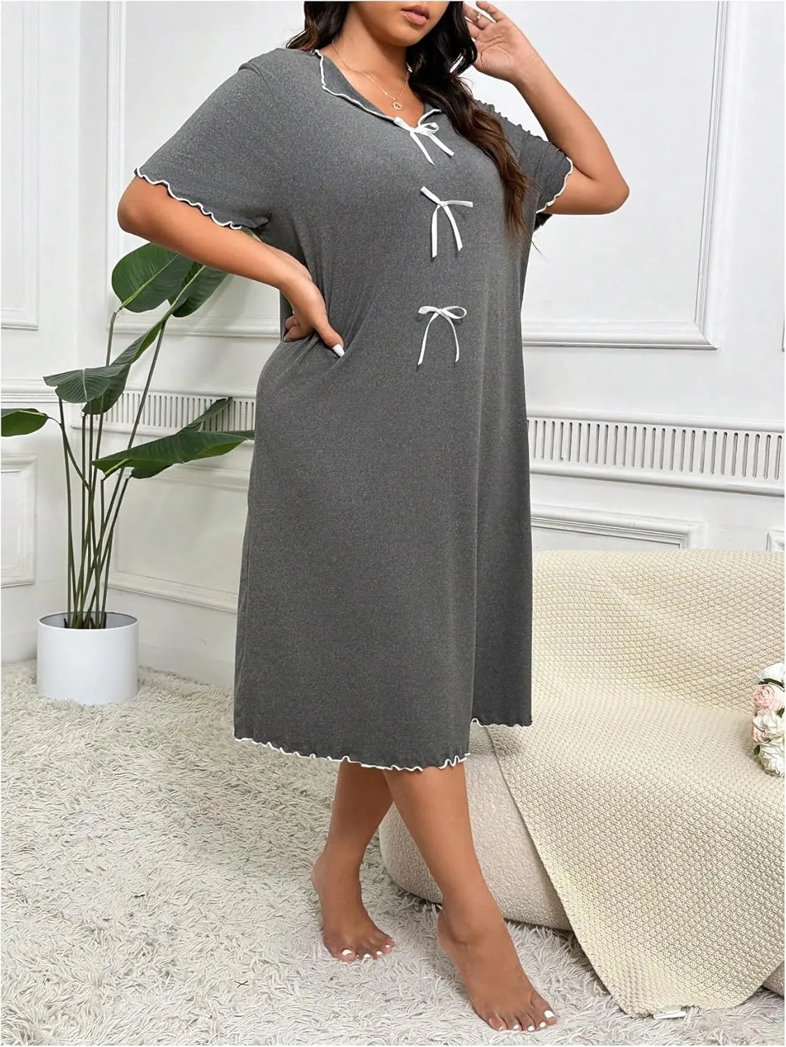 OYOANGLE Women's Plus Size Bow Midi Nightgowns Lettuce Trim V Neck Short Sleeve Nightdress Loose Pajama Dresses