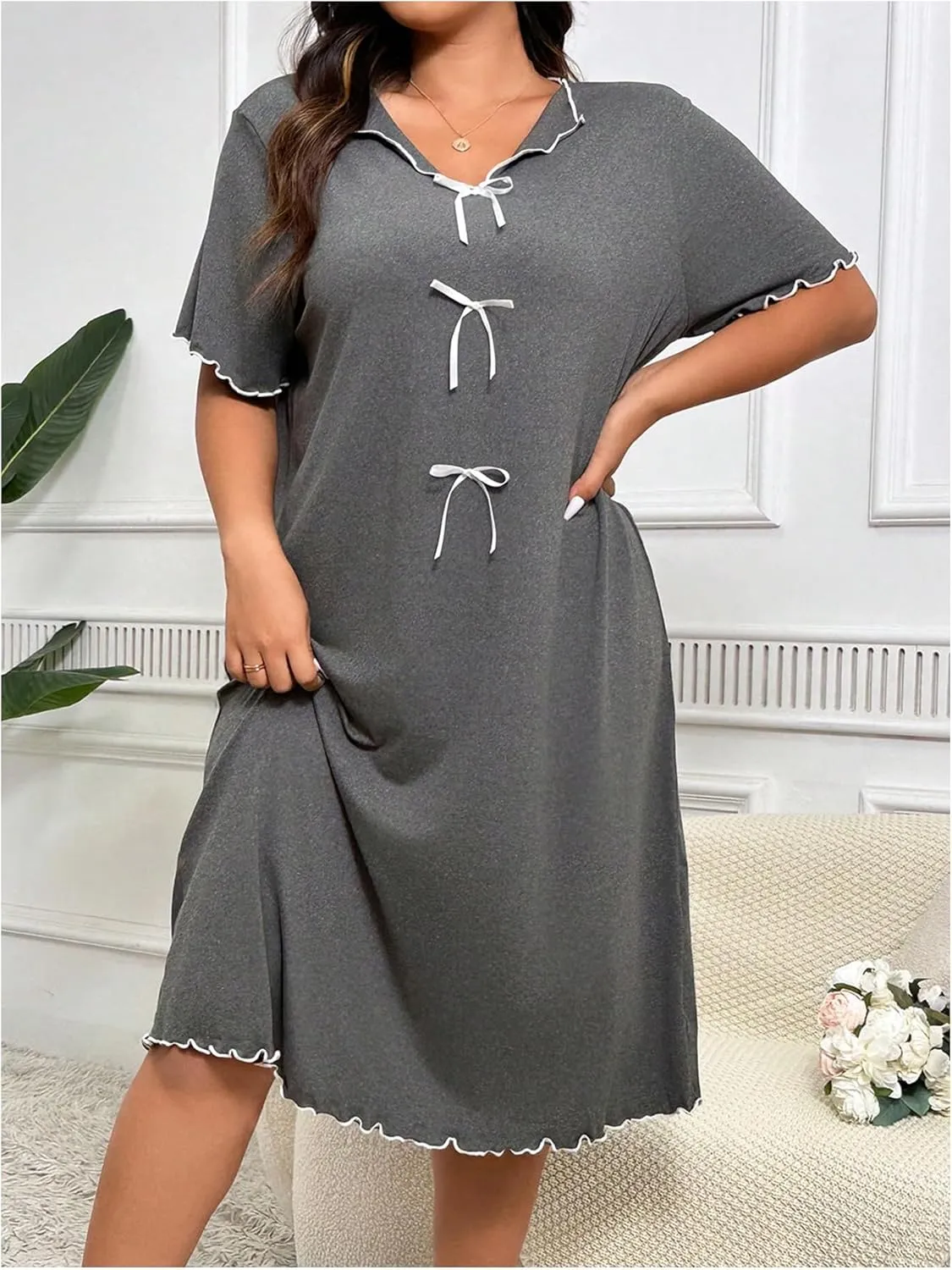 OYOANGLE Women's Plus Size Bow Midi Nightgowns Lettuce Trim V Neck Short Sleeve Nightdress Loose Pajama Dresses