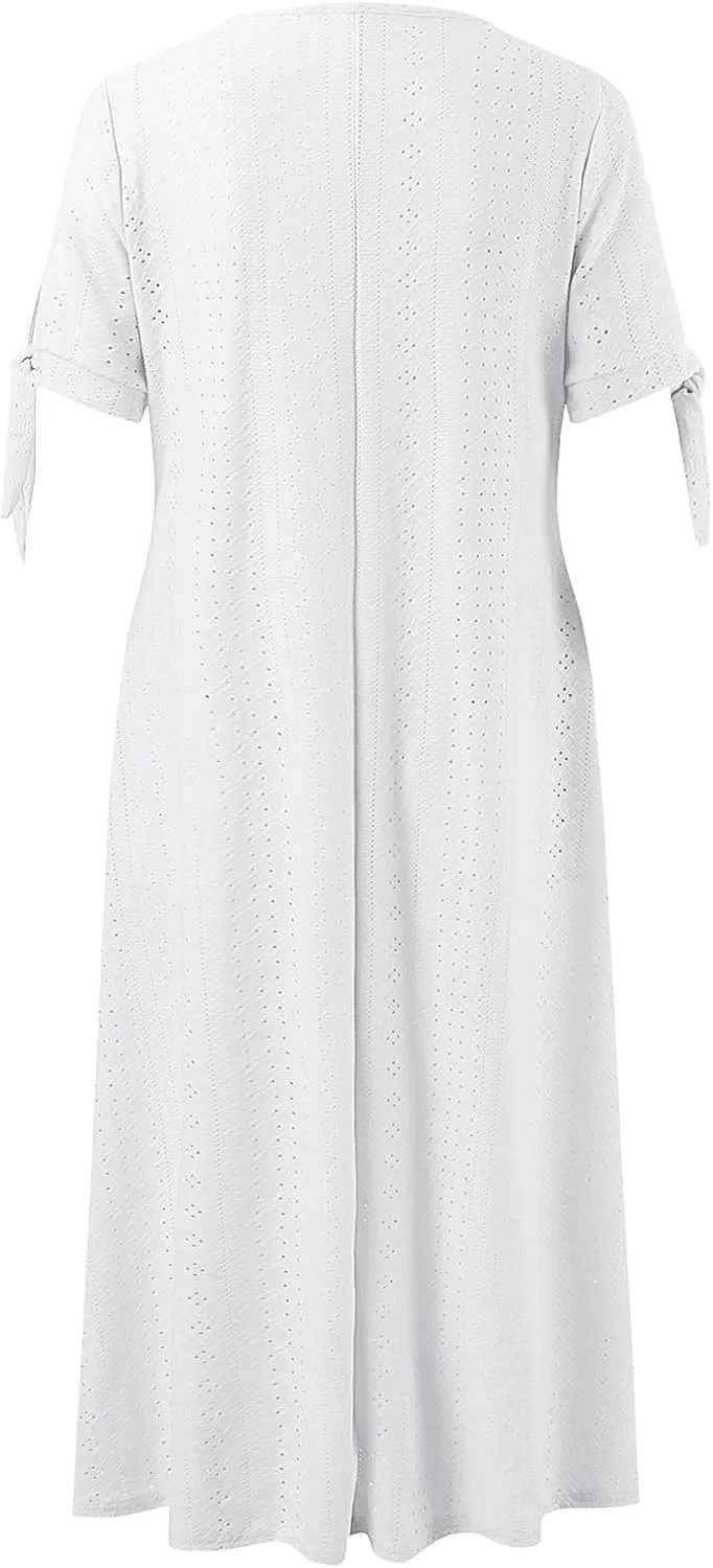 Photno Maxi Sundresses for Women 2025 Trendy Short Sleeve Eyelet Long Tshirt Dress Casual Summer Beach Vacation Hollow Dress
